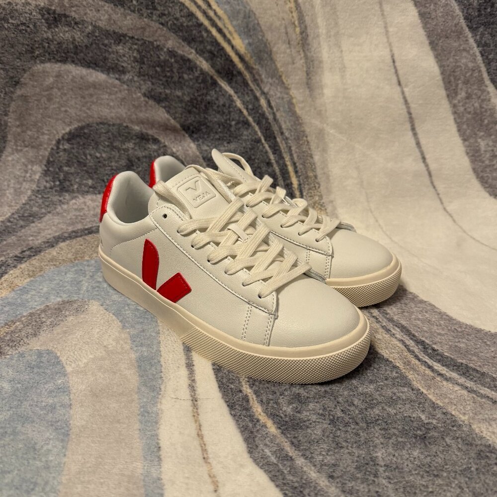 Veja Campo Canvas White Pekin Red Leather Womens Size 8